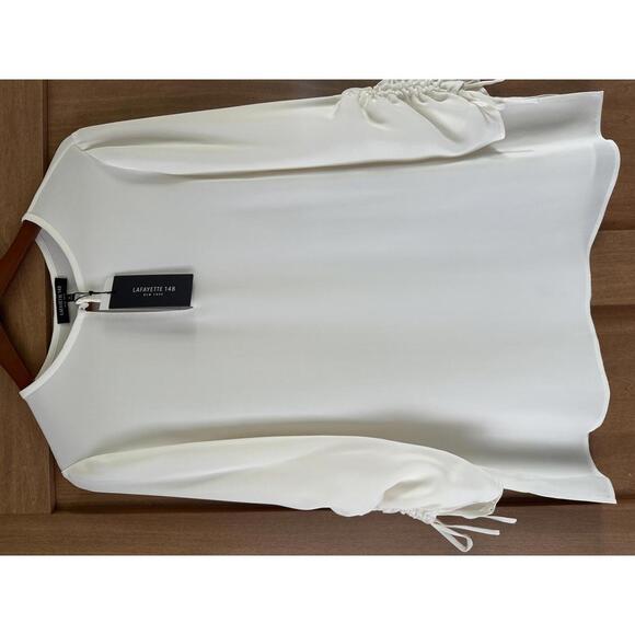 NWT Lafayette 148 100% Silk Ruched Sleeves Blouse in Cloud Ivory Women’s Medium - Picture 10 of 10